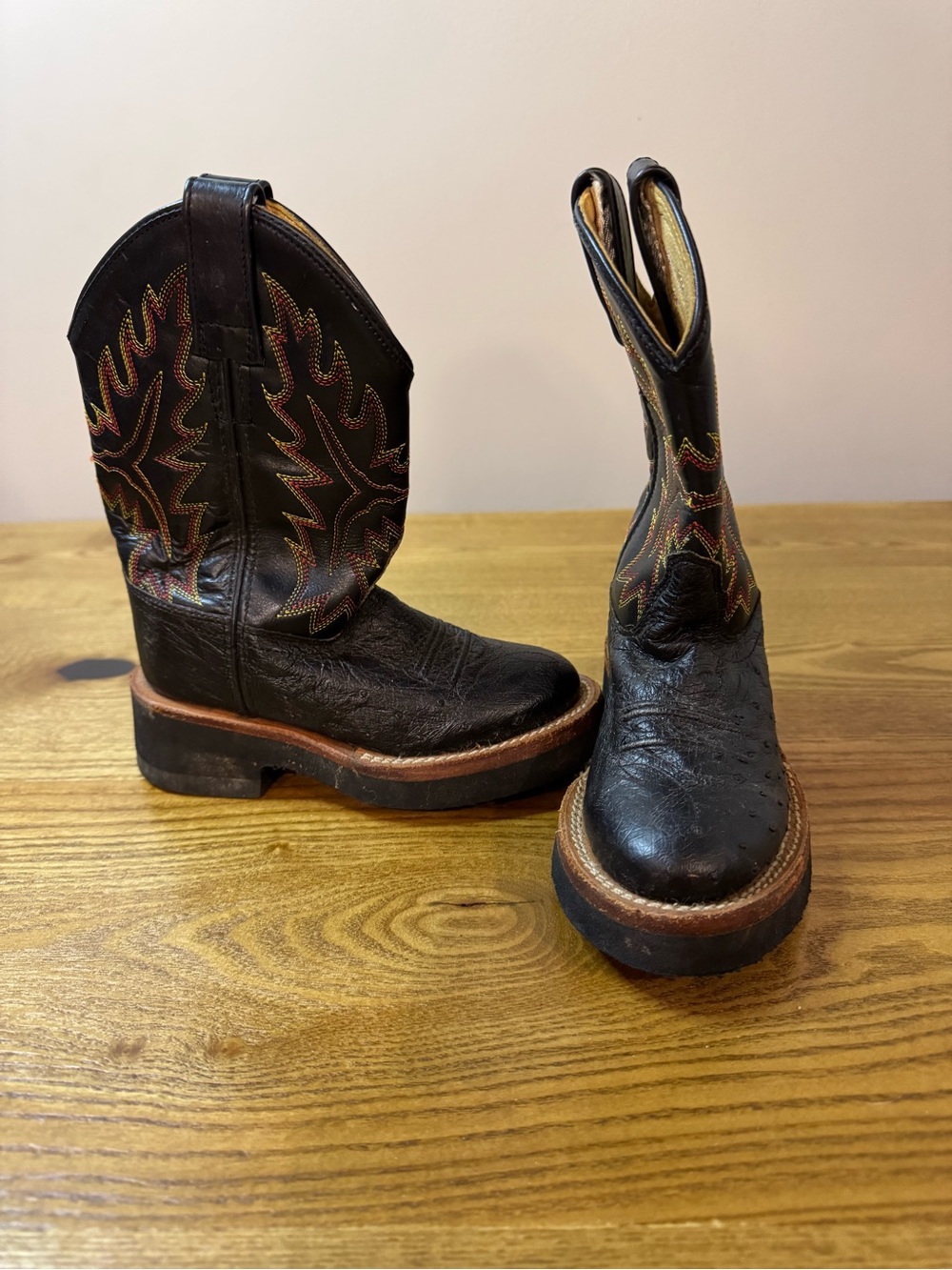 Old West Black Kids Cowboy Boots with Multicolor Flame Stitching 9.5C
